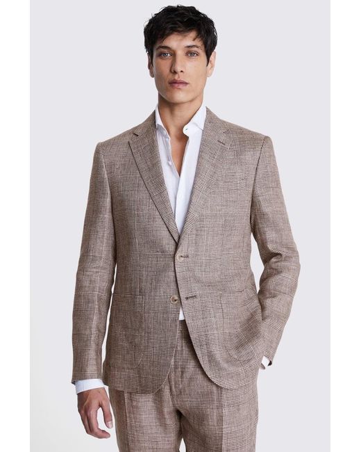 Moss Bros Brown Slim Fit Check Linen Suit Jacket for men