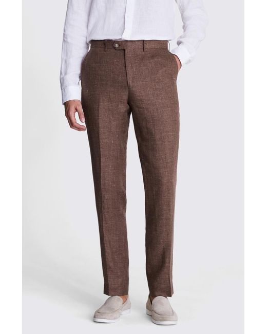 Moss Bros Brown Tailored Fit Rust Linen Trousers for men