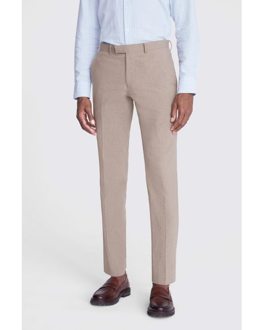 Moss Bros White Slim Fit Taupe Seersucker Trousers for men