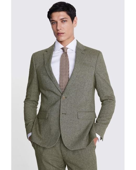 Moss Bros Gray Slim Fit Sage Herringbone Tweed Suit Jacket for men