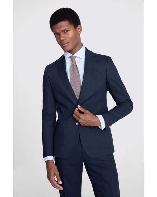 Moss Bros Blue Slim Fit Matte Linen Suit Jacket for men