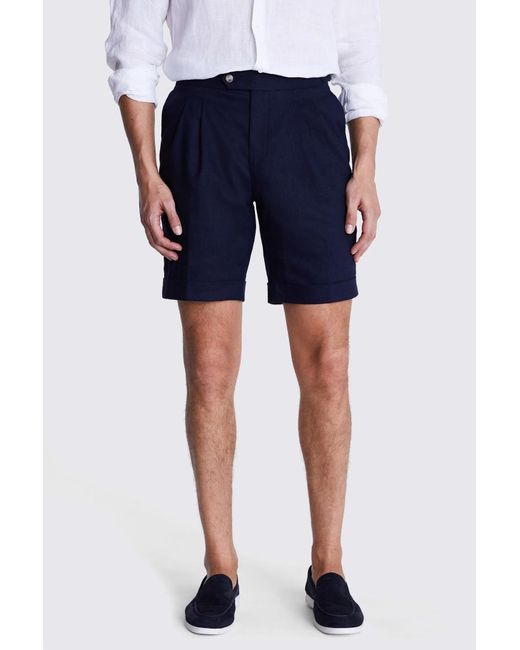 Moss Bros Blue Matte Linen Shorts for men