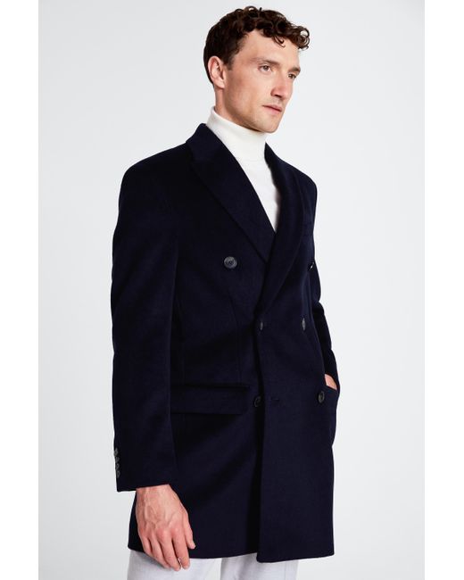 Moss Bros Blue Navy Double Breasted Epsom Overcoat for men