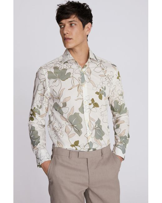 Moss Bros Gray Tailored Fit Sage Green Floral Print Shirt for men