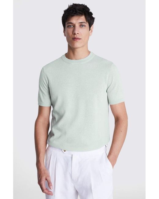 Moss Bros White Linen Blend Light Sage T-Shirt for men