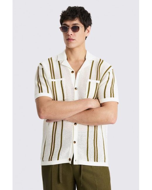 Moss Bros Natural Ecru & Avocado Stripe Open Knit Cotton Shirt for men