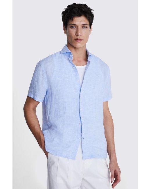 Moss Bros Blue Tailored Fit Sky Short Sleeve Linen Shirt for men