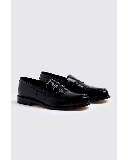 Moss Bros Black Italian Leather Croc-Effect Loafers for men