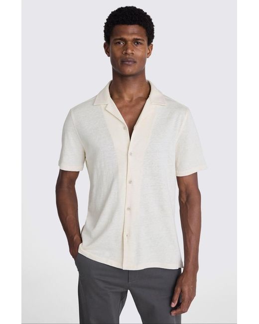 Moss Bros White Off Linen Blend Knitted Cuban Collar Shirt for men