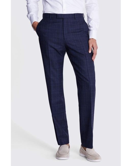 Moss Bros Blue Regular Fit Check Trousers for men