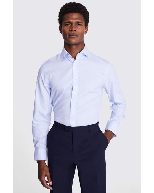 Moss Bros White Tailored Fit Sky Puppytooth Non-Iron Shirt for men