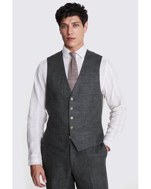 Moss Bros Gray Regular Fit Khaki Linen Waistcoat for men