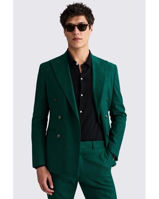 Moss Bros Green Slim Fit Emerald Matte Linen Suit Jacket for men