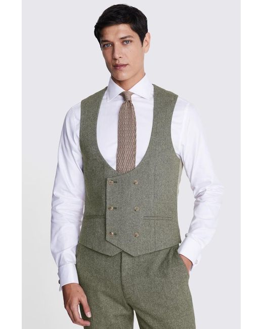 Moss Bros Green Slim Fit Sage Herringbone Tweed Waistcoat for men
