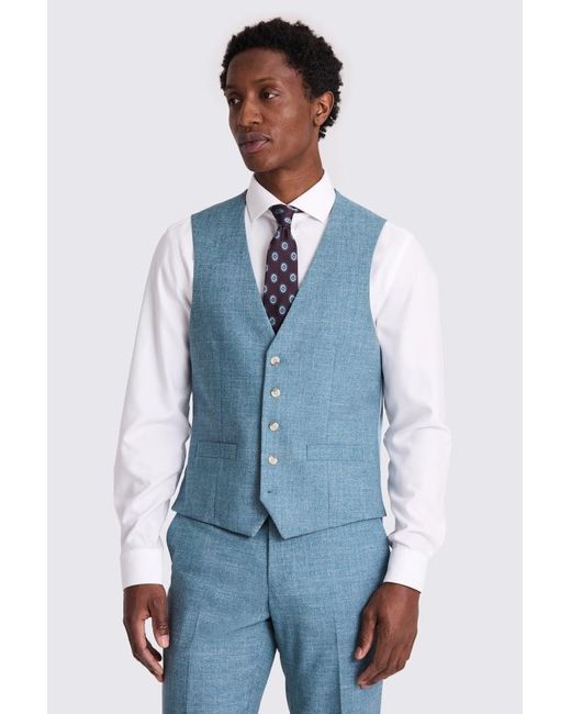 Moss Bros Blue Tailored Fit Slub Waistcoat for men