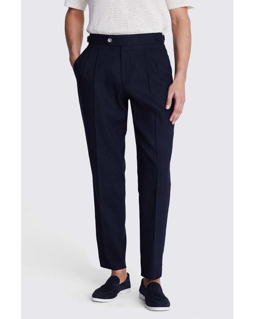 Moss Bros Blue Linen Pleated Trousers for men