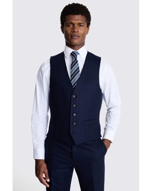 Moss Bros Blue Regular Fit Pinstripe Wool Waistcoat for men