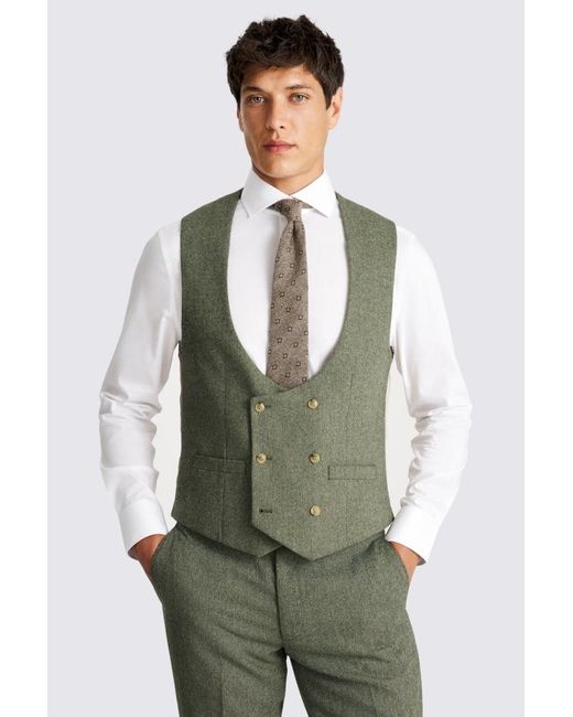Moss Bros Green Slim Fit Sage Herringbone Tweed Waistcoat for men