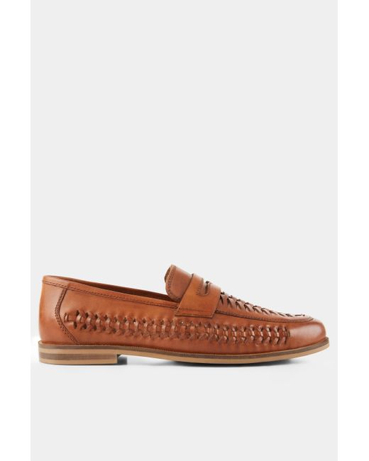 Moss London Brown Ashwick Tan Leather Lattice Loafer Shoe for men
