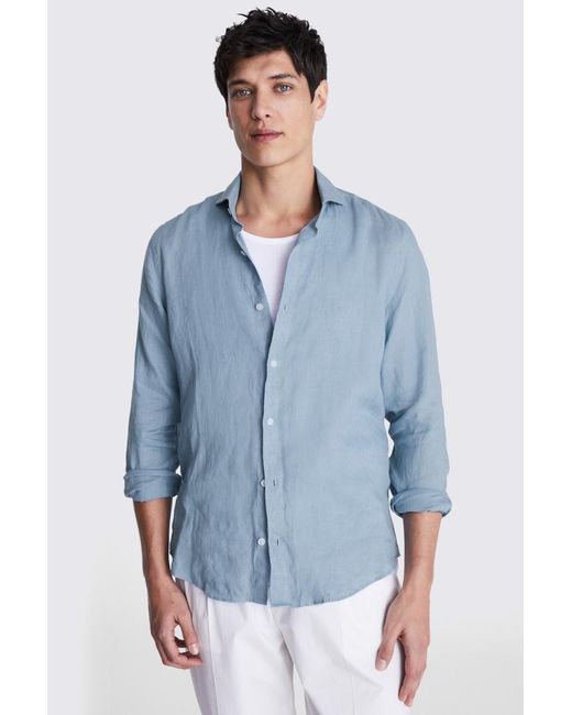 Moss Bros Blue Tailored Fit Linen Shirt for men