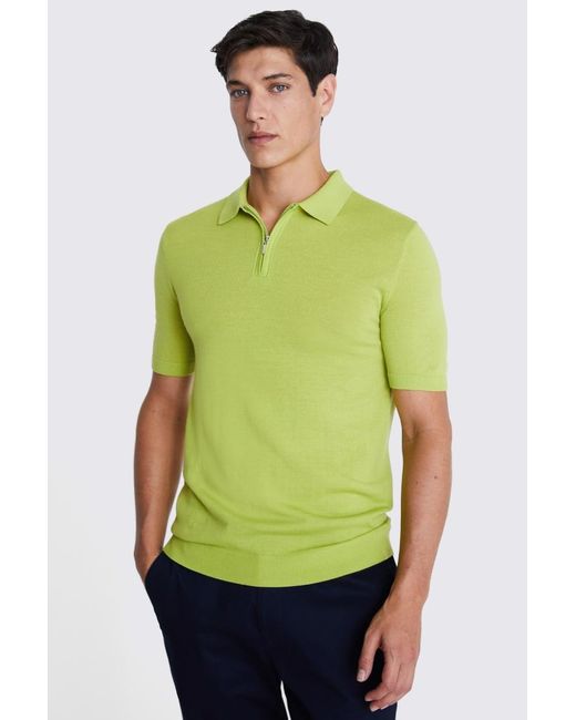 Moss Bros Green Lime Merino Quarter Zip Polo Shirt for men