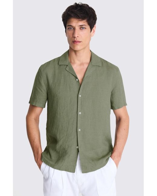 Moss Bros Green Tailored Fit Linen Cuban Collar Shirt for men