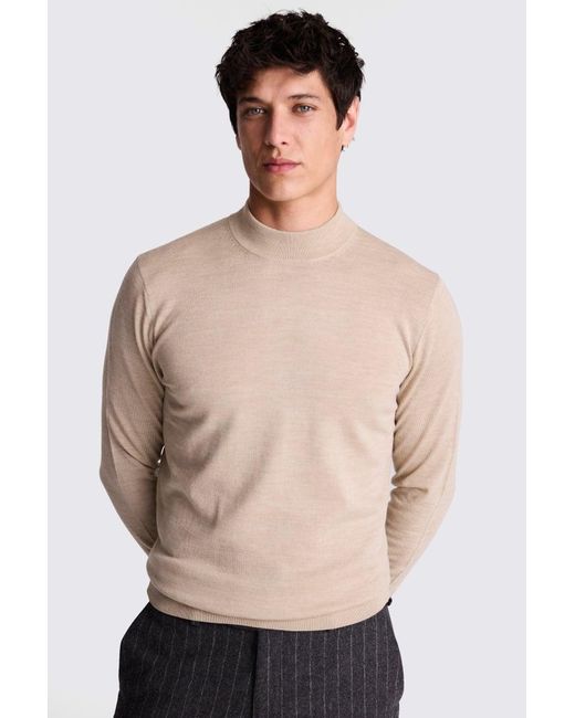 Moss Bros Natural Camel Merino-Blend Mock-Neck Jumper for men