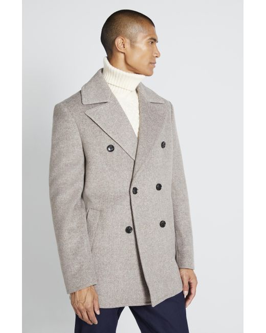 Moss Bros Gray Tailored Fit Oatmeal Pea Coat for men
