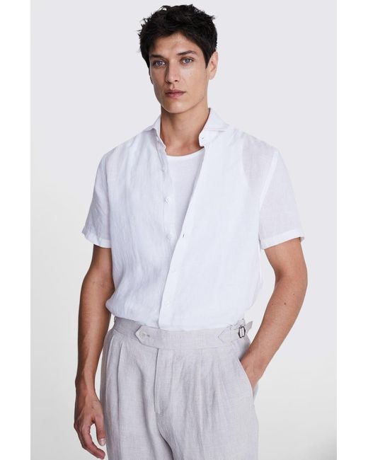 Moss Bros White Tailored Fit Short Sleeve Linen Shirt for men