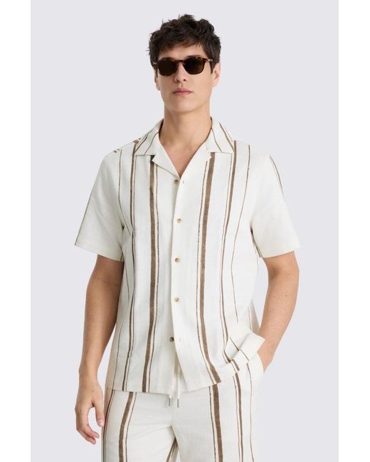 Moss Bros White Taupe Stripe Cotton Cuban Collar Shirt for men