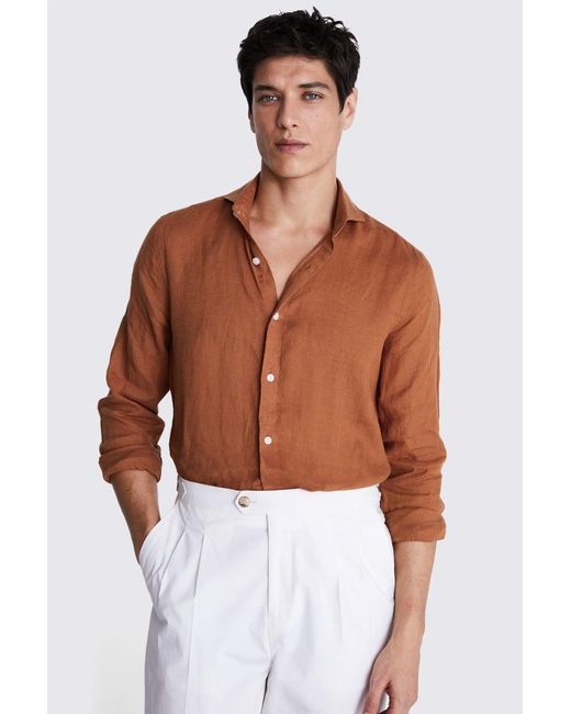 Moss Bros White Tailored Fit Rust Linen Shirt for men