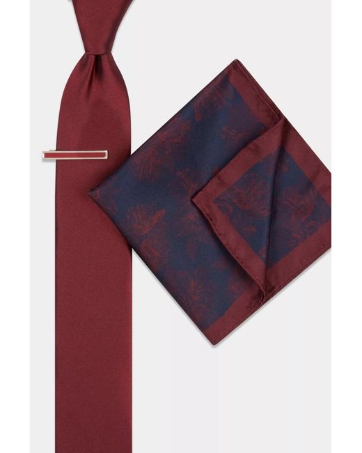 Moss Bros Red Wine Floral Tie, Hank & Tie Bar Set for men