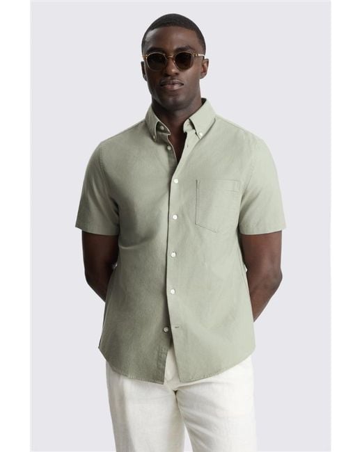 Moss Bros Natural Sage Short Sleeve Cotton Oxford Shirt for men