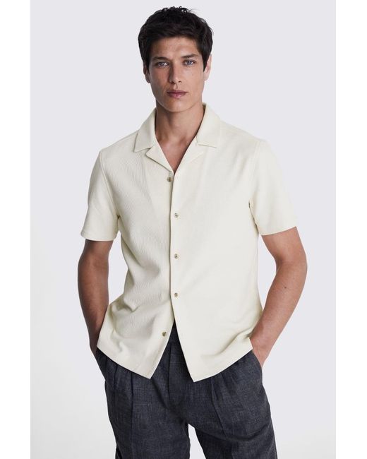 Moss Bros White Ecru Knitted Cuban Collar Shirt for men