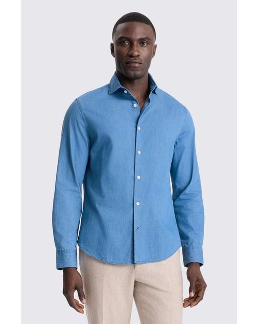 Moss Bros Blue Light Denim Shirt for men