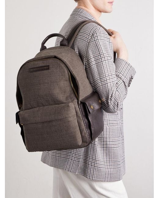Brunello Cucinelli Brown Leather-Trimmed Woven Backpack for men