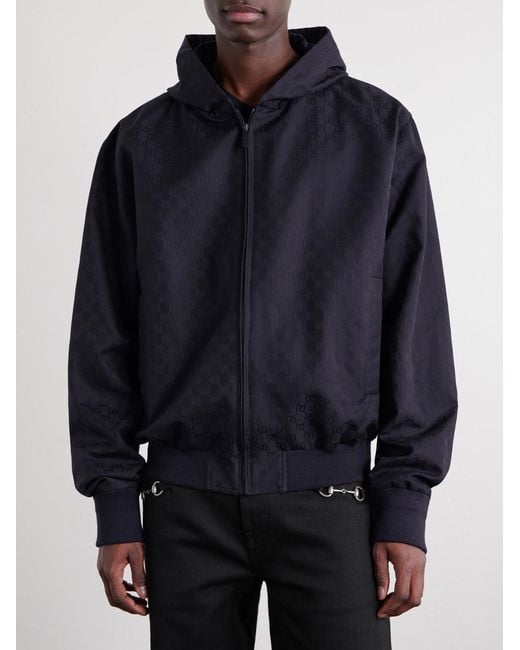 Gucci Blue Logo-Jacquard Cotton-Canvas Hooded Jacket for men