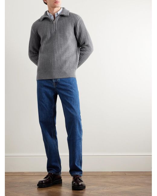 Mr P. Gray Ribbed Merino Wool Half-zip Sweater for men