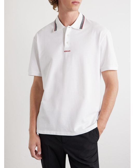 Versace White Logo-embroidered Cotton-piqué Polo Shirt for men