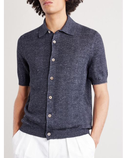 Brunello Cucinelli Blue Linen And Cotton-blend Polo Shirt for men