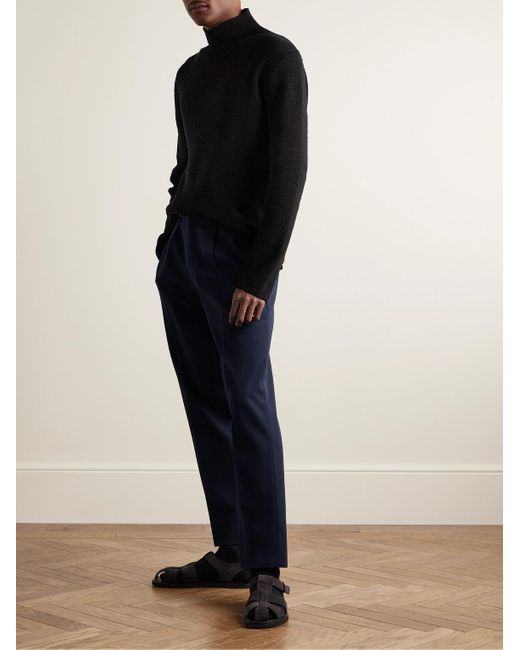 Zegna Blue Slim-fit Pleated Cotton And Wool-blend Twill Trousers for men