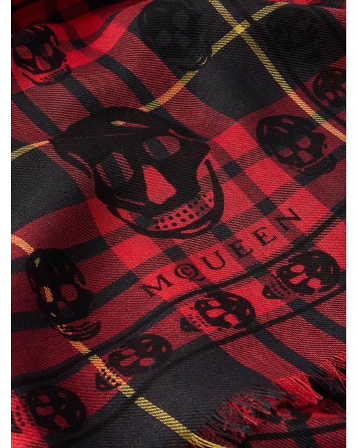 McQueen Red Fringed Checked Wool And Silk-blend Scarf for men