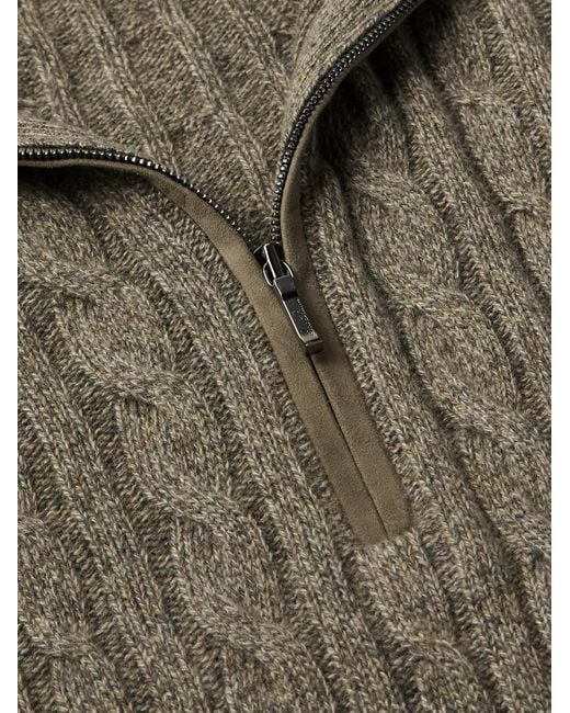 Loro Piana Green Slim-Fit Suede-Trimmed Cable-Knit Baby Cashmere Half-Zip Sweater for men