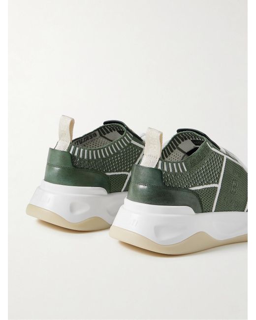 Berluti Green Shadow Venezia Leather-trimmed Stretch-knit Sneakers for men