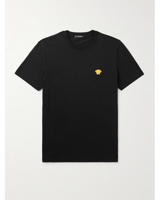 Versace Black Slim-Fit Logo-Embroidered Cotton-Jersey T-Shirt for men
