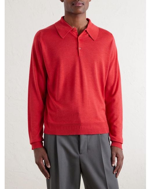 John Smedley Red Bill Nighy Cashmere And Silk-Blend Polo T-Shirt for men