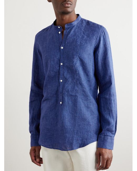 Massimo Alba Kos Hemd aus Leinen mit kurzer Knopfleiste und Stehkragen in Blue für Herren
