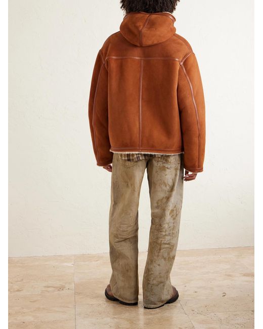 The Elder Statesman Brown Leather-Trimmed Shearling Hooded Jacket for men