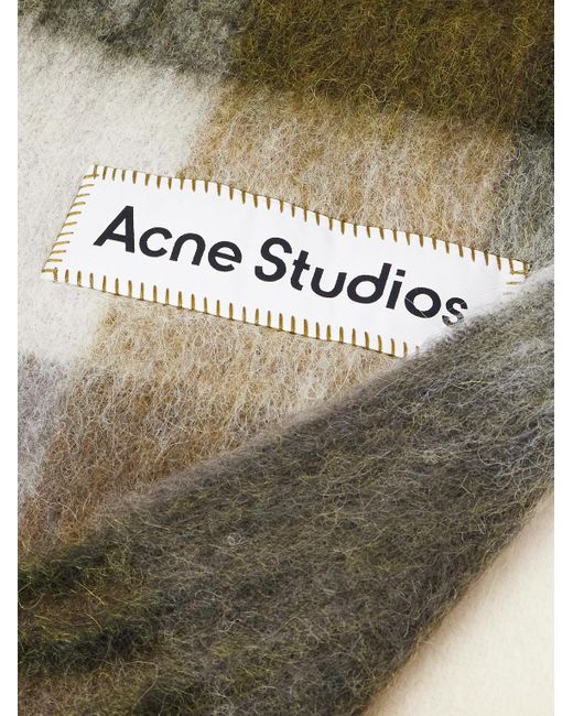 Acne Green Vally Fringed Checked Knitted Scarf for men
