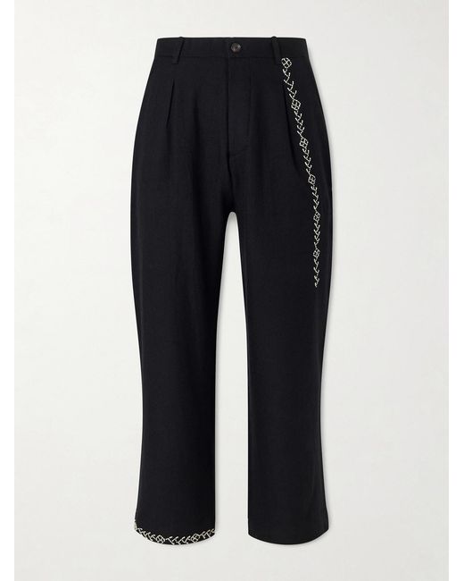 Kartik Research Blue Straight-leg Pleated Embroidered Wool Trousers for men